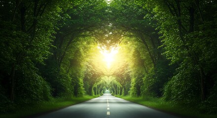 A sunlit road leads through a lush green tree tunnel nature s embrace.