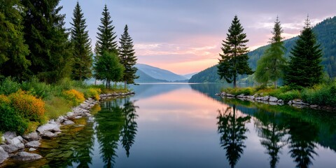 Calm lake reflecting sunset sky and mountain forest