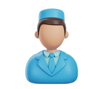 A rendered image of a male doctor figure with a blue uniform and a blank face on black background - Powered by Adobe