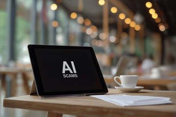 Tablet displaying ai scams warning message