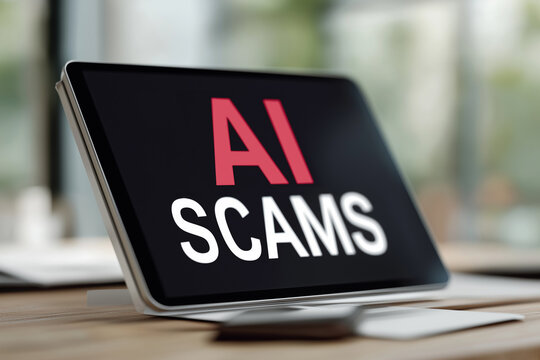 Tablet screen displaying ai scams online fraud concept