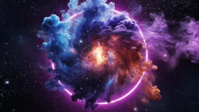 Vibrant cosmic nebula explosion with blue and purple smoke contained within a glowing neon pink circle against a starry night sky background
