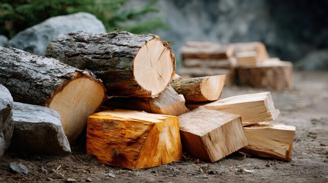 Chopped firewood logs piled on ground outdoors