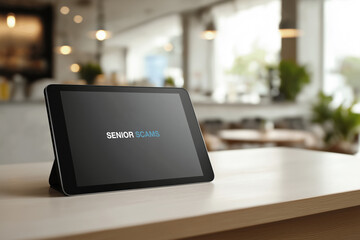 Tablet displaying senior scams concept on table