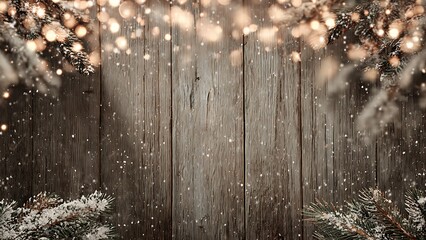 Cozy Christmas background with warm wood texture   falling snow and central clean copyspace without any text