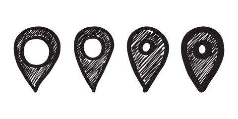 Set of hand drawn map pin Map marker pointer sign GPS and mapping tools Location pin symbol Pinpoint clipart in doodle style Single element for web, design