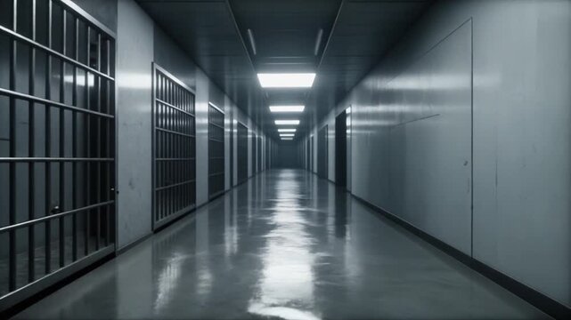 A long, dimly lit hallway with cells on either side, evoking a sense of confinement and isolation within a correctional facility