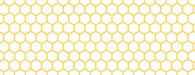 Seamless honeycomb pattern texture. Golden honey beehive mosaic shape wallpaper. Yellow repeated line hexagon grid background. Repeating outline geometric hexagonal structure. Vector backdrop