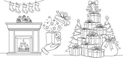 Obraz premium Christmas fireplace gifts stockings tree holiday celebration winter season joy