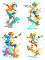 Obraz premium Vibrant watercolor illustration of energetic skeleton skateboarders performing tricks with colorful splashes and playful street style details. Perfect for sports art and creative youth themes.