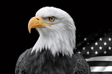 Fototapeta premium Bald eagle looking right with grayscale American flag
