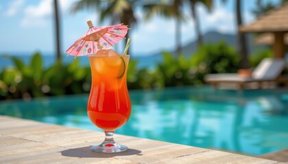 Tropical cocktail with umbrella by a poolside on a sunny day.