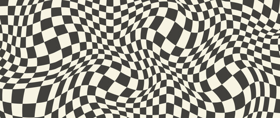 Obraz na płótnie Canvas Trippy checkerboard background. Retro psychedelic checkered wallpaper. Wavy groovy chessboard surface. Distorted geometric grid chess pattern. Abstract old deformed flag backdrop. Vector