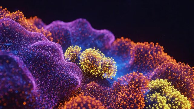 Abstract glowing microscopic surface with vibrant purple, orange, and yellow particle structures in dark space