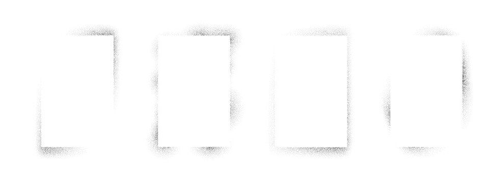 Sprayed noise rectangle frame set. Black dotted grain border collection. Stippled gradient boarder bundle for banner, poster, text box, template. Vector rough spray stencil graffiti effect frames