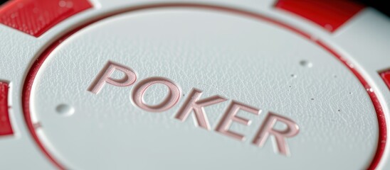 Poker chip close-up with a red and white color scheme.