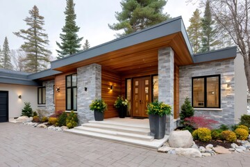 Fototapeta premium Modern luxury house exterior with stone and wood siding