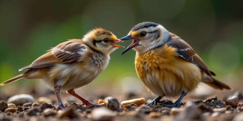 Fototapeta premium Two small birds interacting on the ground, one feeding the other.