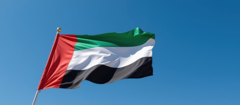 Waving flag of the United Arab Emirates against a clear blue sky. - Powered by Adobe