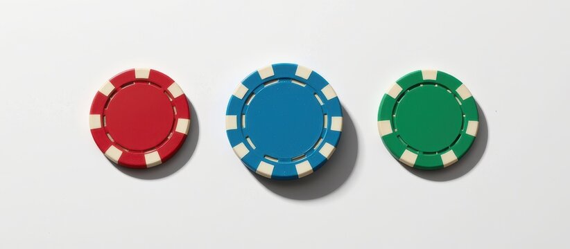 Colorful poker chips arranged in a row on a flat surface.
