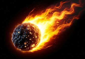 Flaming meteoroid hurtling through dark cosmos with fiery tail