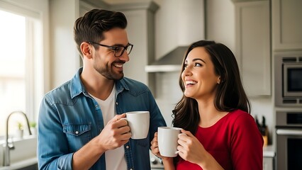 Happy young couple enjoying morning coffee together in their modern kitchen.