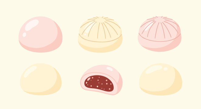 A charming illustration featuring various Japanese mochi and wagashi sweets in pink and yellow, with smooth, patterned, and red bean paste-filled designs.