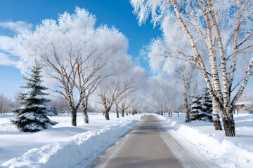 Obraz premium Snow covered birch trees lining winter road avenue