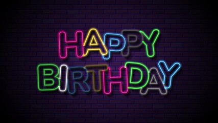 Happy birthday loop animation. Neon lights spell happy birthday on vintage brick wall for birthday celebrations. Perfect for social media posts, greeting cards, party invitations. - Powered by Adobe