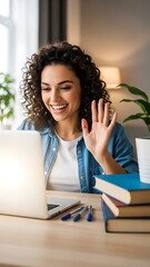 Happy Young Woman Waving During Video Call on Laptop at Home.