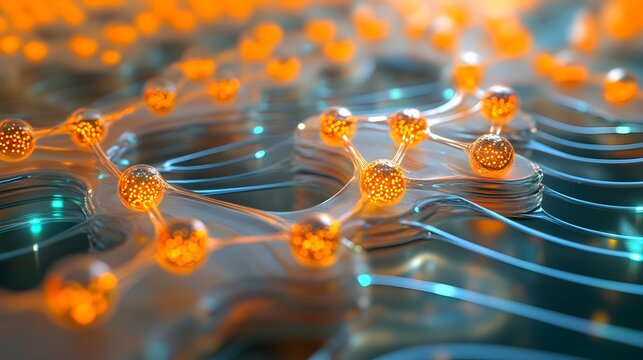 Abstract molecular structure with glowing orange spheres connected by lines on a layered blue surface creates a futuristic scientific visualization