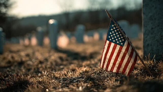 Homage to the Fallen: An American flag respectfully rests against a headstone, symbolizing the memory of fallen heroes, honoring their sacrifice and valor in a solemn setting.