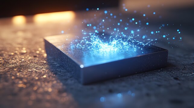 Futuristic technology concept featuring a sleek metal block emitting vibrant blue energy particles on a textured surface creating a dynamic visual
