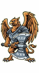 Gryphon Warrior with Axe - Mythical Creature in Armor Ready for Battle.