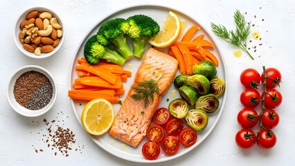 Healthy and Delicious Meal - Salmon, Vegetables, and Nuts.
