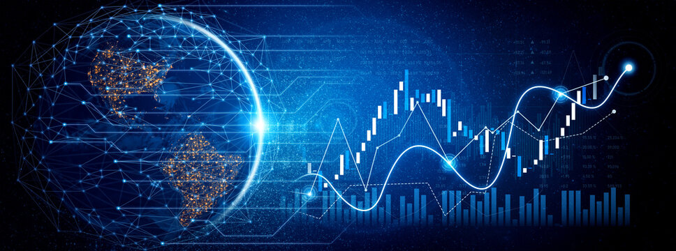 Futuristic image illustrating global financial growth with data visualization elements, enhancing understanding of analytics and market trends in a digital context. Scalp