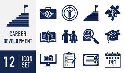 Career Development icons set. professional growth, education, learning, success, business planning, job search, and achievement concepts. Vector. Solid icon collection