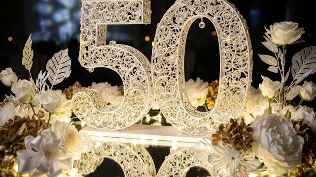 Decorative illuminated number fifty arrangement with floral elements celebration concept