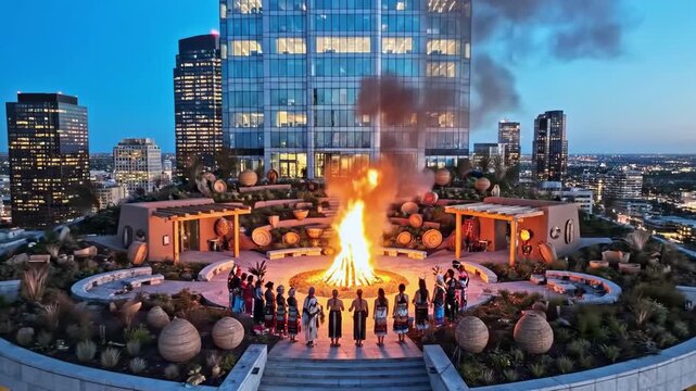 Ceremony at dusk, people in traditional attire around a bonfire with a glass building in background
