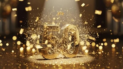 Golden 50th anniversary celebration number with sparkling confetti and lights - Powered by Adobe
