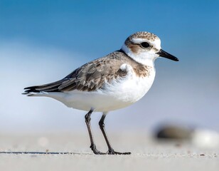A small bird with brown and white feathers standing on a sandy beach
