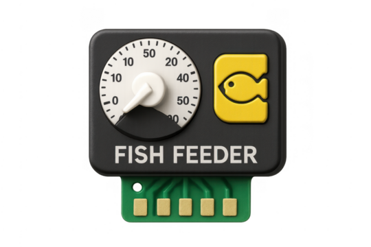 Automatic fish feeder icon with timer and circuit board
