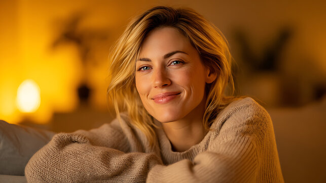 blonde woman 35 years old smiling and relaxing in cozy living room with warm yellow ambient lighting portrait showing happy cheerful confident adult