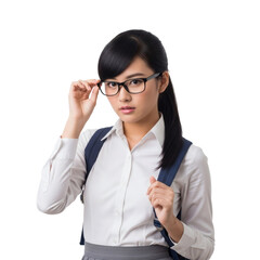 Young Student Girl in Uniform Adjusting Glasses on Transparent Background