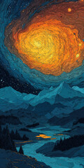 Surreal Landscape with Mountains, River, Forest, and a Swirling Galaxy, Stylized Illustration, Fantasy Art, Dreamlike Scenery, Nature, Celestial,