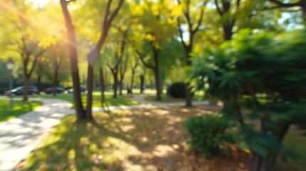 Blurred park scene with sunlight filtering through trees.
