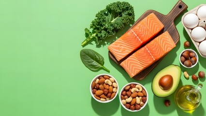 Healthy Fats Food Composition on Green Background.