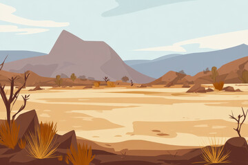 Stylized Desert Landscape Illustration with Mountains, Cacti, and Sparse Vegetation in Warm Earth Tones, Depicting a Dry and Arid Environment