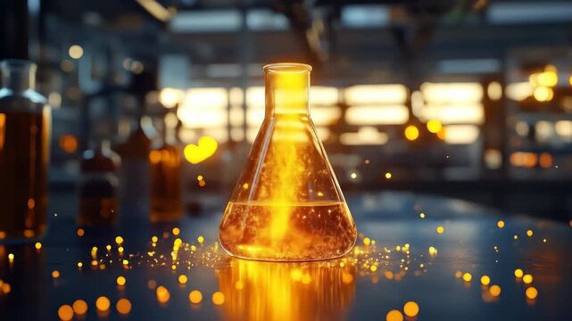 Erlenmeyer flask filled with golden liquid, bokeh lights background
