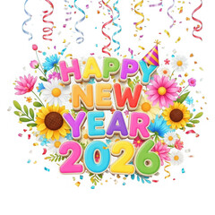 Fototapeta premium Festive happy new year 2026 floral design isolated on transparent background